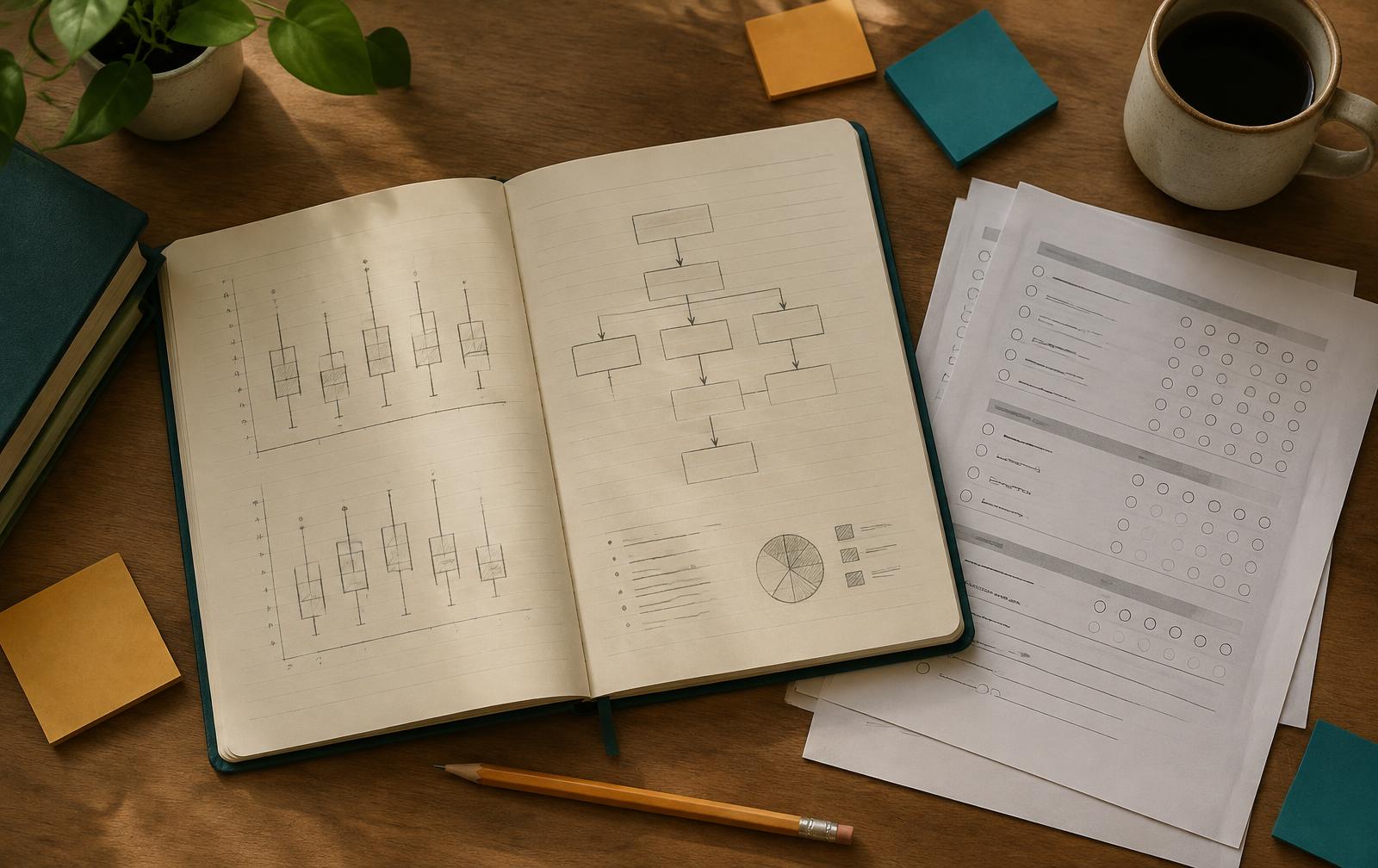 An open research notebook with sketched box plots and a study flow diagram